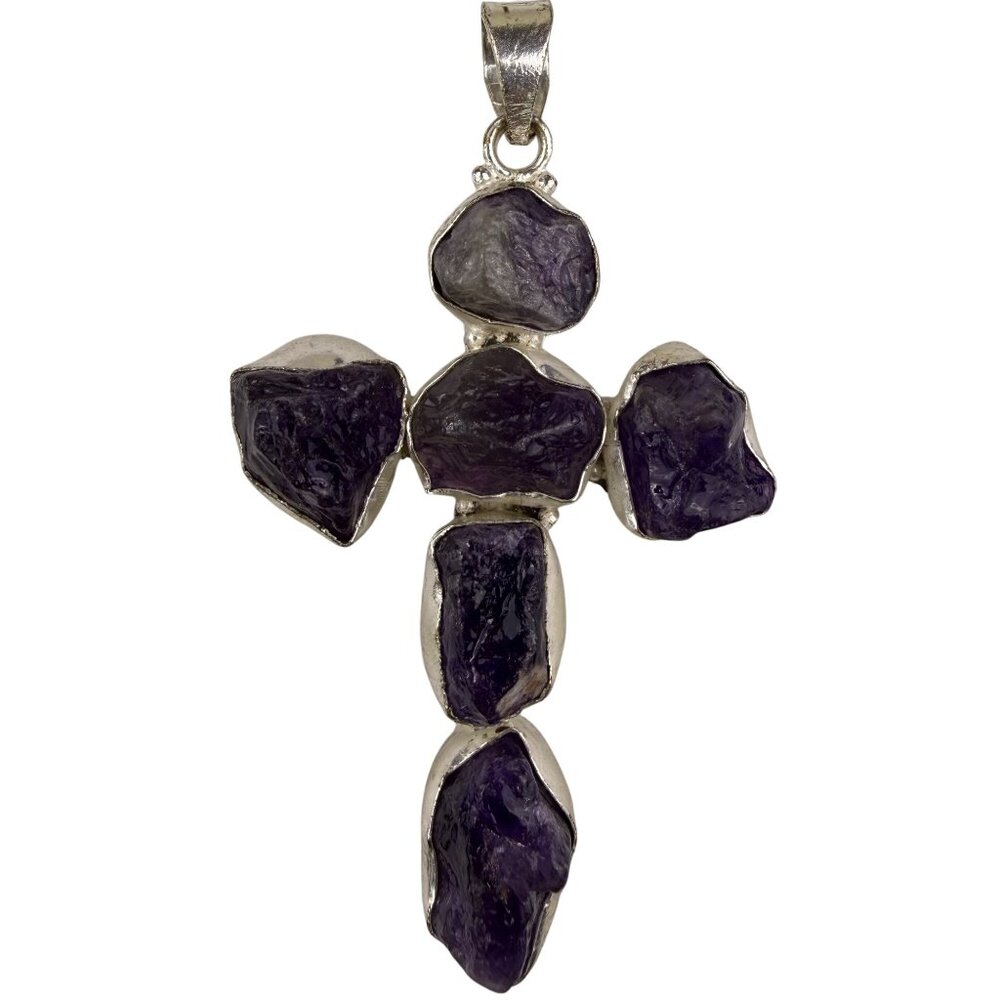 Amethyst & Silver Tone Unisex Purple Stone Cross Pendant Jewelry